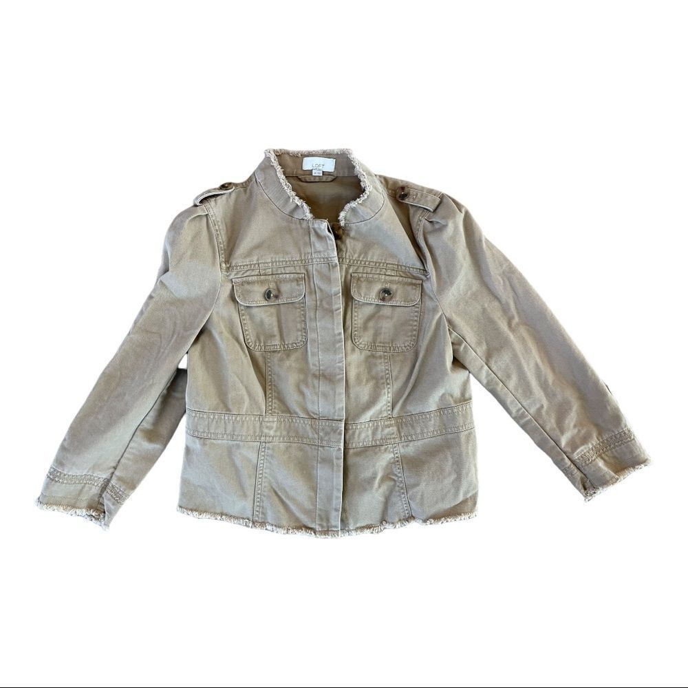 Ann Taylor Loft 100% Cotton Safari Band Jacket Blazer Khaki Tan Size MP